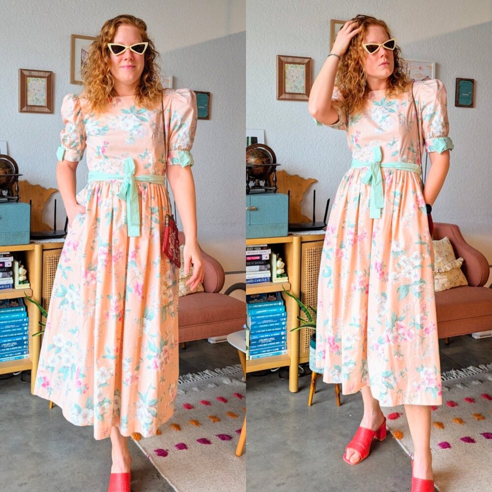 Vintage Clues Collections Pastel Orange Floral Puff Sleeve Midi Dress size 8 - Picture 2 of 13